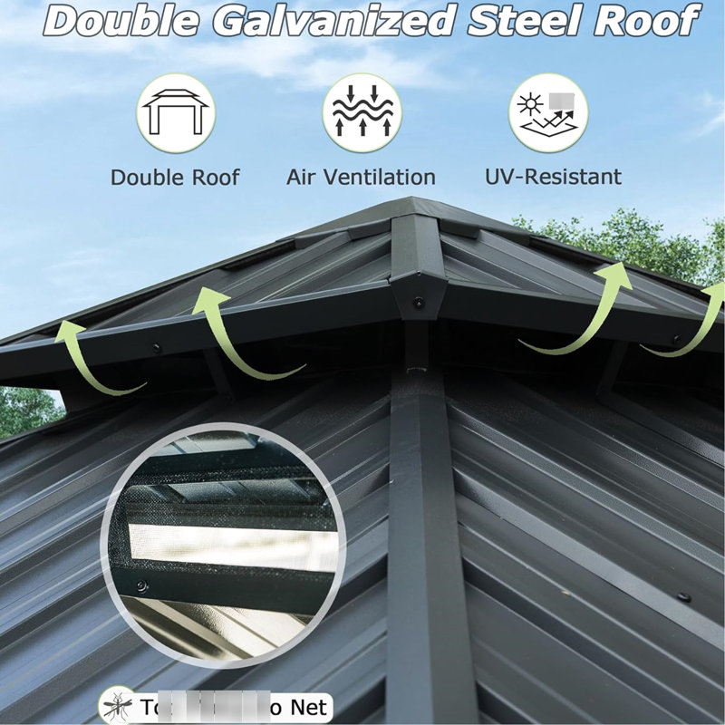 Pavillon de jardin en aluminium et métal avec double toit et rideau, idéal pour la terrasse, la cour, la terrasse, le toit en acier galvanisé gris, gris divertissement