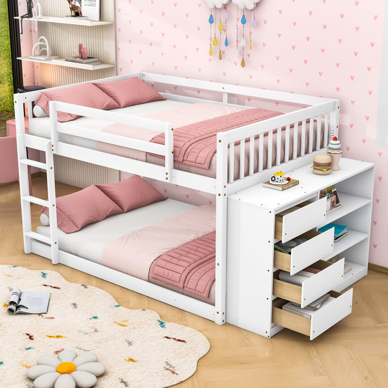 Lit superposé multifonctionnel en bois avec tiroirs et tablettes de rangement, Lit superposé double sur double, Blanc