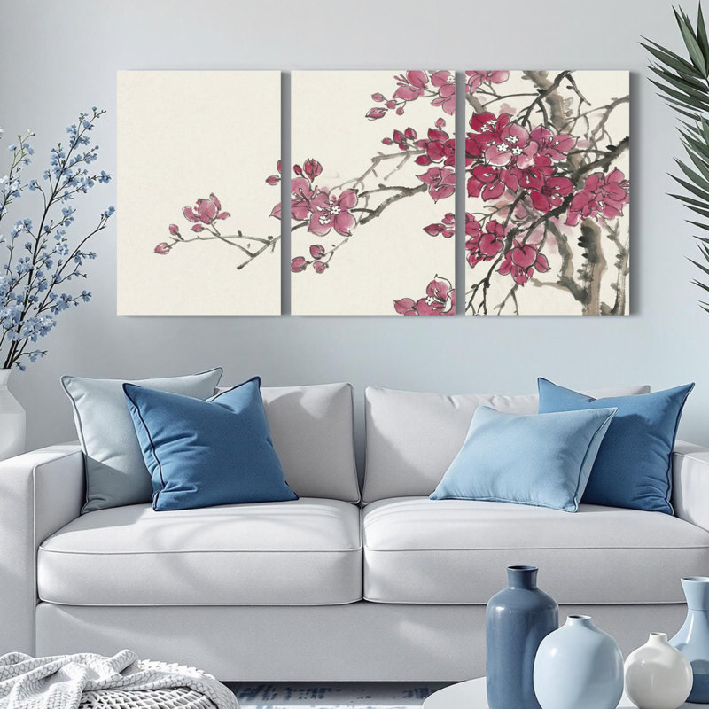 Ensemble de 3 tableaux muraux aquarelle à motifs floraux de fleurs de cerisier, pour salon, chambre et décoration intérieure