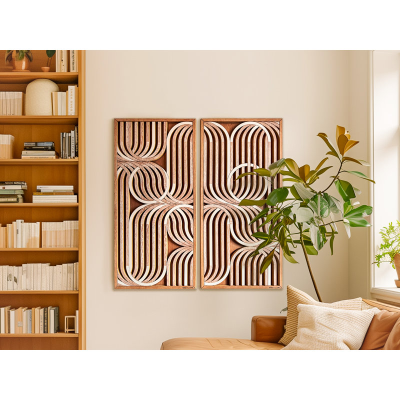 Ensemble de 2 appliques murales géométriques en bois au fini chêne blanc, H 44 po x l 43,5 po, 2