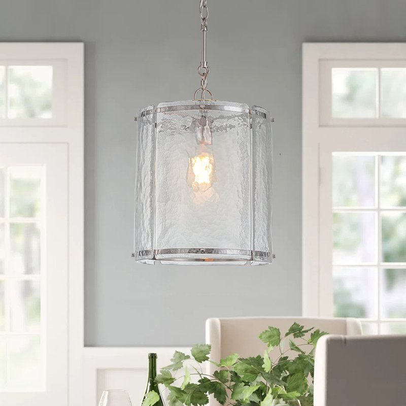 1-Light Handcrafted Textured Water-Glass Cylinder Pendant, Brushed Nickel
