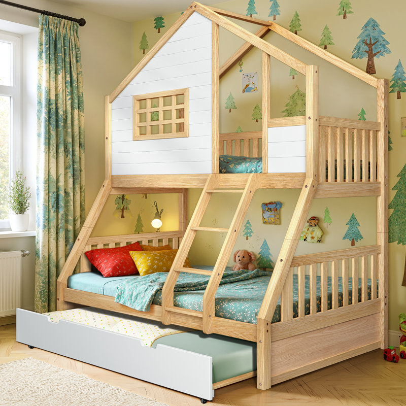 Lits superposés avec lits gigognes en bois Treehouse, Naturel / Blanc