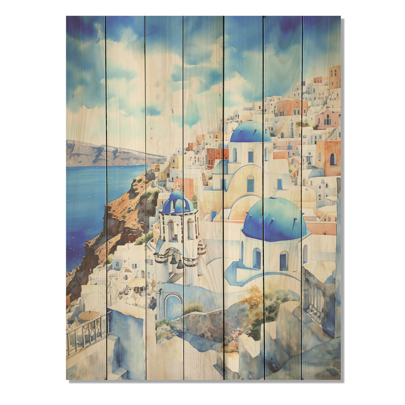 «Greek Isles Santorini Village Dreams III - Grèce sur bois», H 20 po x l 10 po