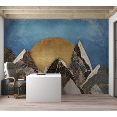 Murale abstraite pelez et collez - Coucher de soleil géométrique sur la montagne