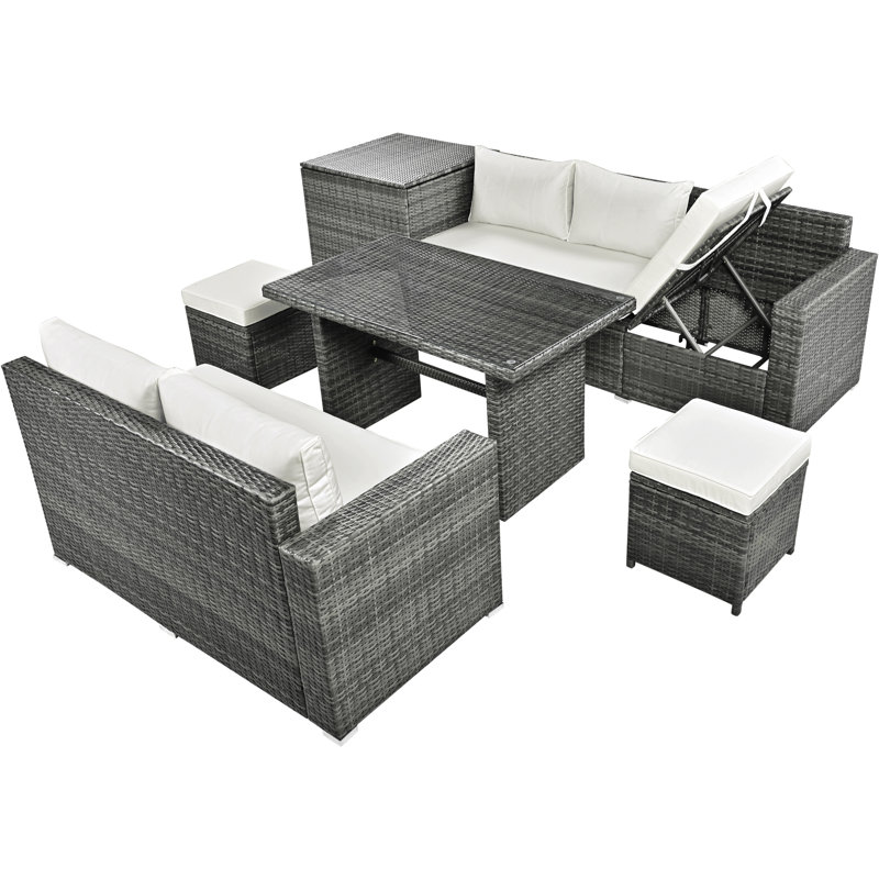 Outdoor 6-Piece All Weather PE Rattan Sofa Set, Beige Cushion/Gray Frame