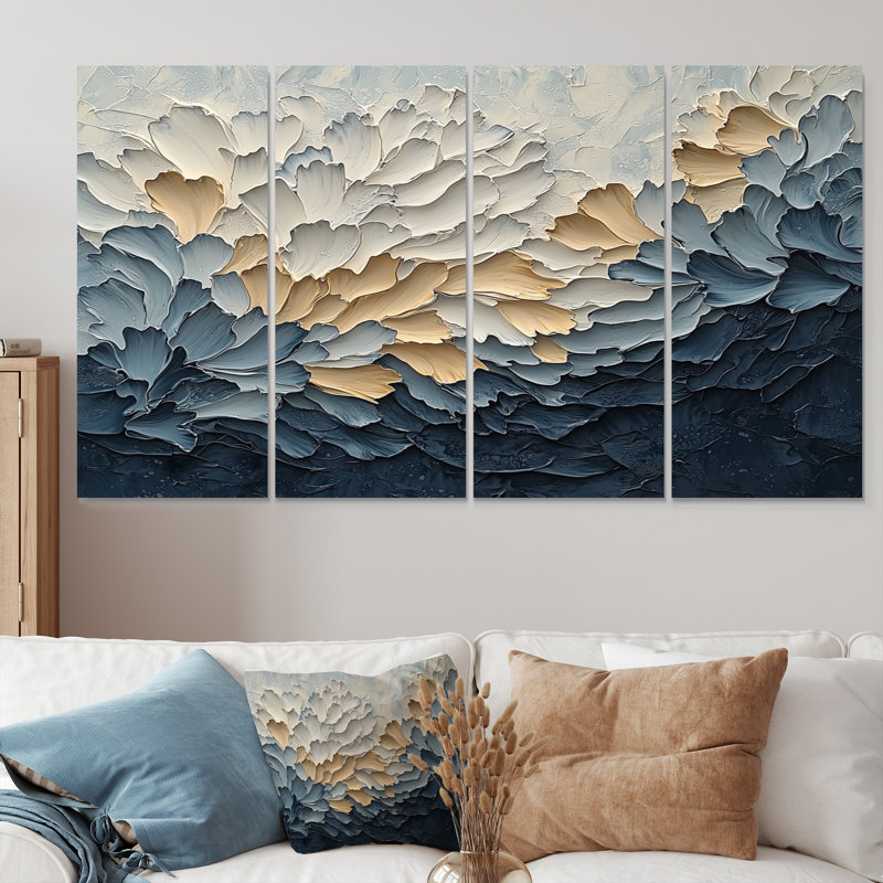 Illusion de pétales de fleurs délicats jaunes et bleus II - fleurs, art mural moderne, 4 pièces, H 28 po x l 48 po