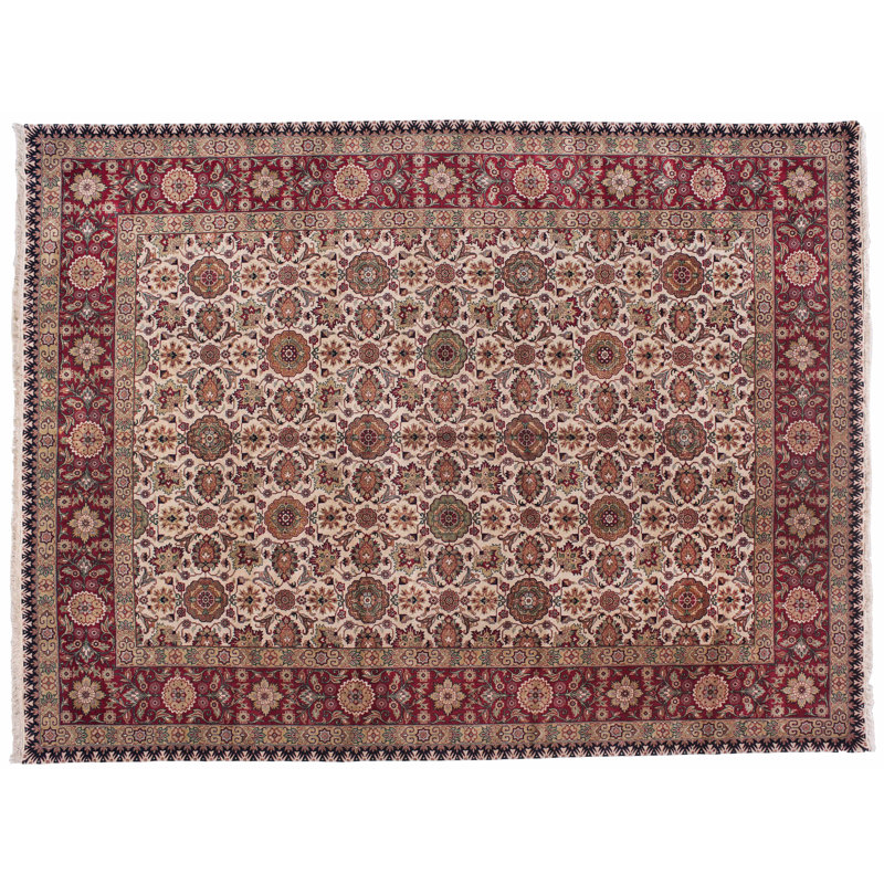 Tapis unique en laine noué à la main bourgogne / beige / brun de 9 pi x 12 pi