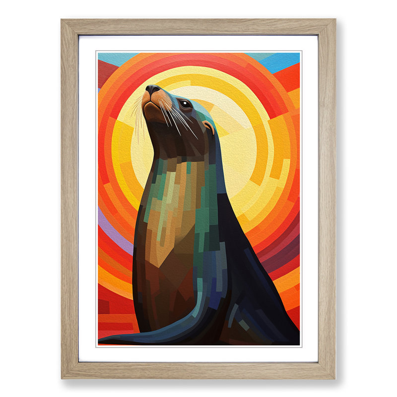 Sea Lion Constructivism No.3 - Single Picture Frame Print on Wood, 46cm H x 34cm W x 2cm D, Oak