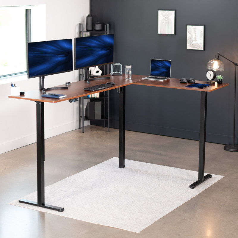 VIVO Electric Corner Desk, L-Shaped Workstation, 84.6" W x 23.6" D, Dark Wood/Black