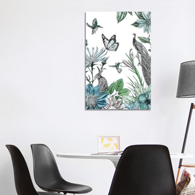 Peacock And Flowers by Amelia Ilangaratne - Wrapped Canvas Print