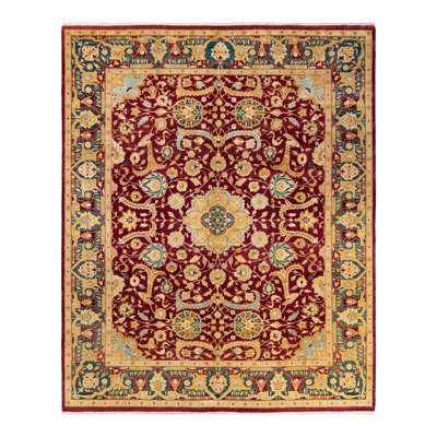 Tapis rouge / beige noué à la main de conception unique 8 pi 2 po x 10 pi Keenan