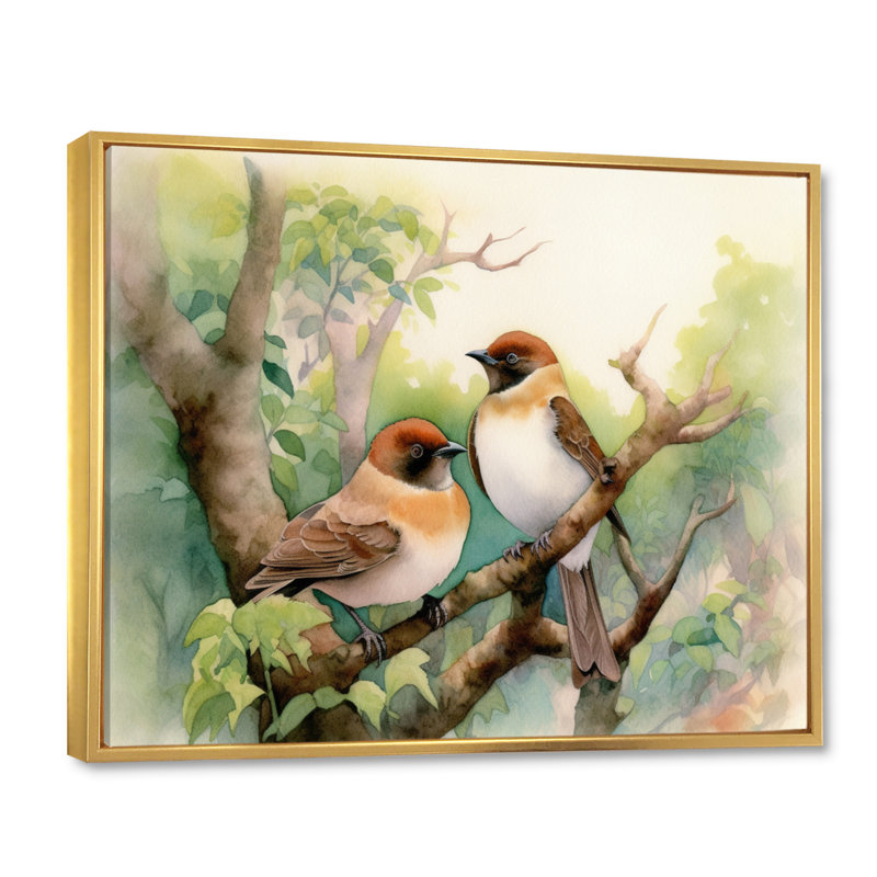 Oiseaux du printemps II, reproduction d'art sur toile, 24" H x 32" W, Cadre flottant doré