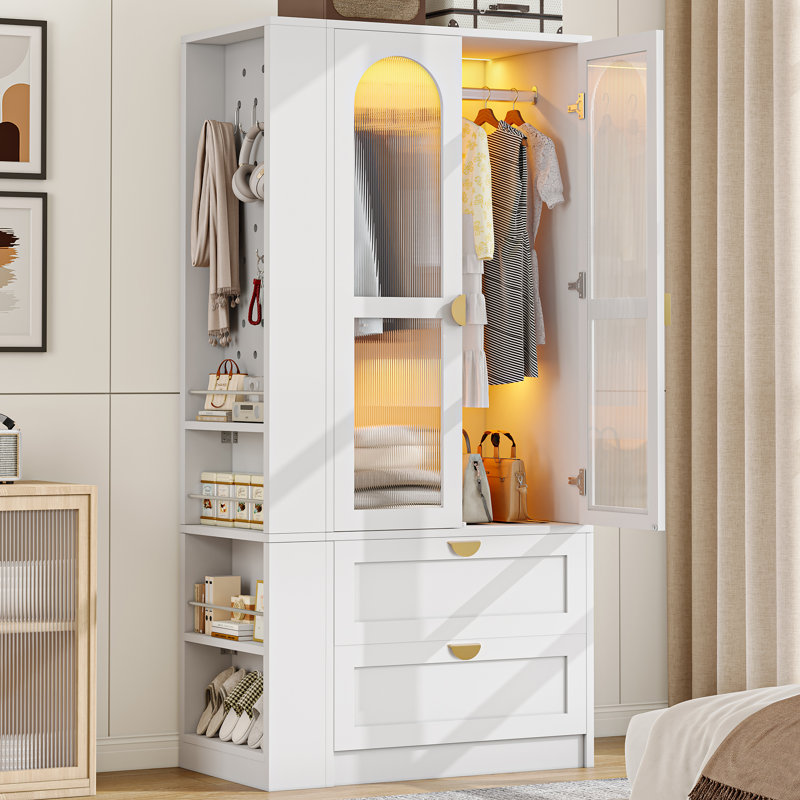 Armoire-penderie 70,8 H avec lumière DEL et 2 tiroirs, armoire de chambre avec tringle, grande armoire de rangement, blanc