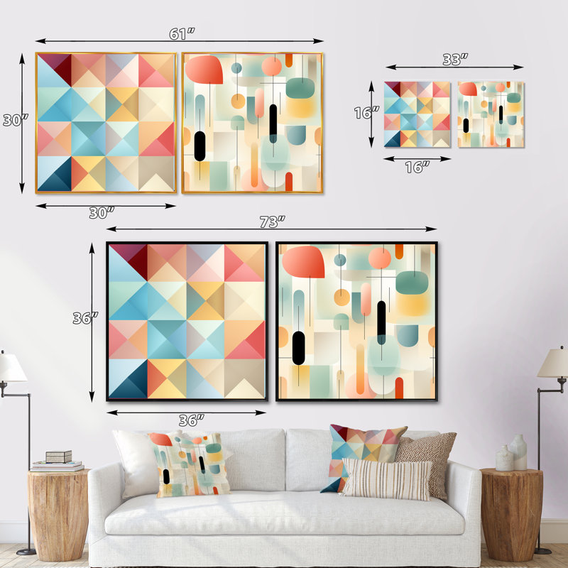 Pastel Harmony III - Ensemble de 2 collages de formes abstraites carrées, Cadre flottant noir, H 36 po x l 73 po