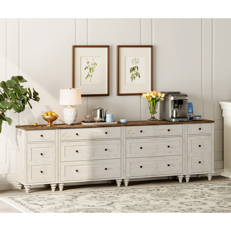 Commode 8 tiroirs Corretta, Blanc rustique / brun