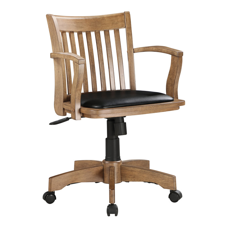 Adjustable Fruitwood Swivel Banker's Chair with Black Vinyl Seat
