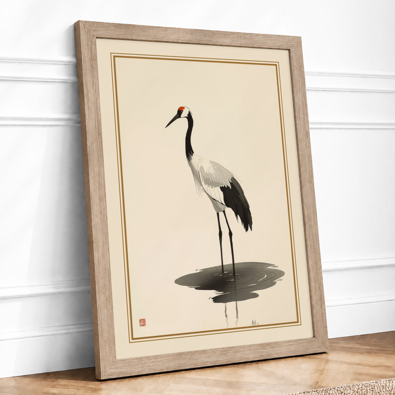 Crane in Stillness Japandi - Framed Print, Oak, A3 - 42.0 x 29.7 cm
