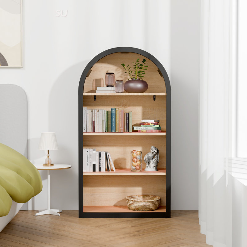 Bibliothèque à 4 niveaux arquée de 43 pouces de hauteur avec tablettes de rangement pour un décor moderne et rétro
