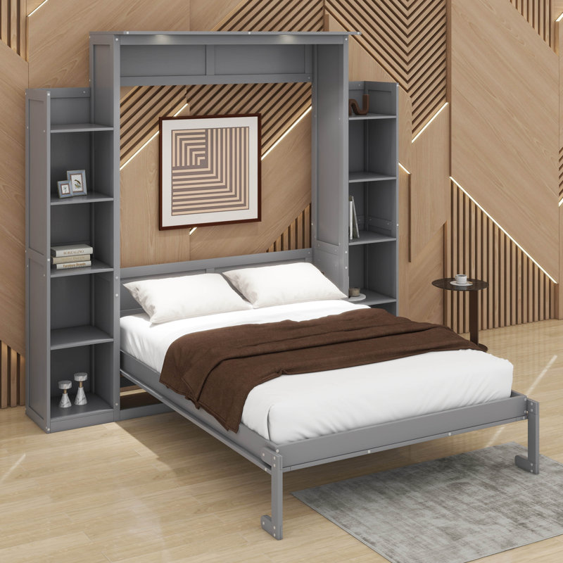 Lit escamotable double avec lumières DEL et tablettes, Gris