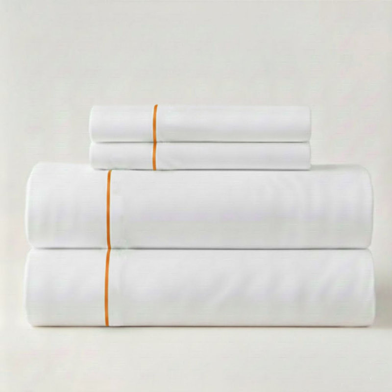 500TC Cotton Single Embroidery Sateen Solid Cotton 4 Piece Sheet Set Fitted Sheet Fits Upto 16" Deep Pocket, Orange Border