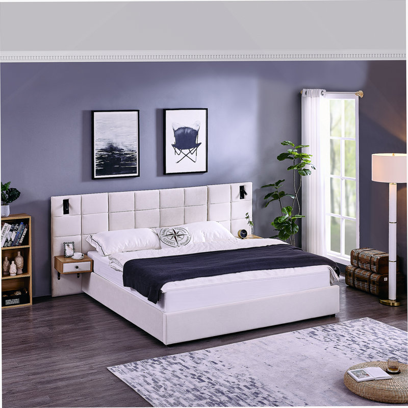 Lit plateforme tapissier hydraulique avec 2 tablettes de rangement, 2 lampes de lecture et port USB, Beige
