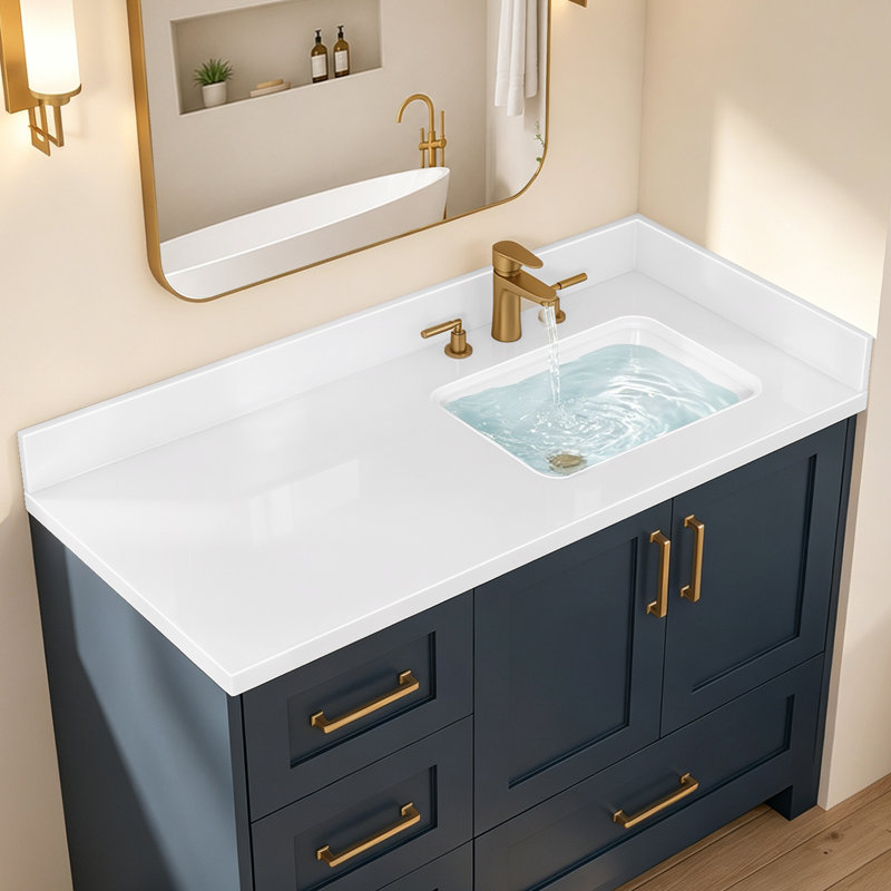 42 po L x 22 po W comptoir de salle de bain en quartz blanc avec comptoir simple en céramique Dosseret et dosseret en H, 3 trous de robinet pré-percés