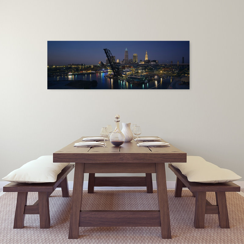 Skyscrapers Lit Up At Night In A City Cleveland Ohio USA by Jack Krawczyk - Wrapped Canvas Panoramic Print
