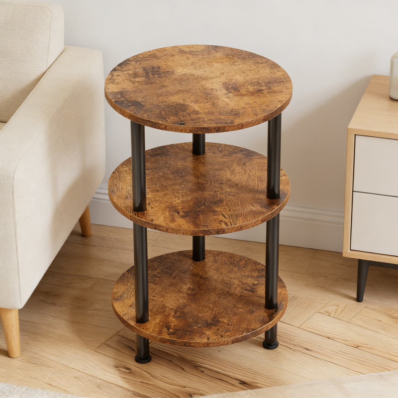 3-Tier Round Side Table For Small Spaces, Rustic Accent Table With Spacious Shelves, Sturdy Steel Frame For Living Room, Bedroom, Or Office