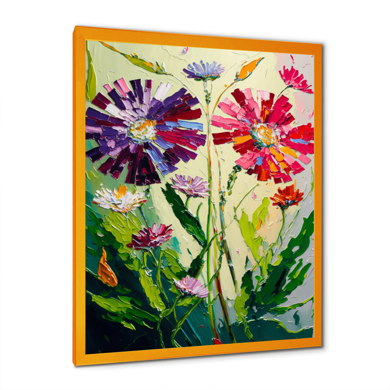 Fleurs sauvages rouges et mauves - reproduction sur toile, H 20 po x l 12 po x P 1 po, Encadrement doré