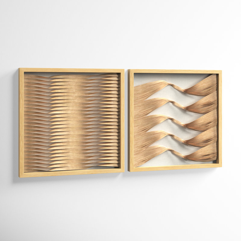 Large Brown Wood and Rattan Shadow Box Wall Art Set