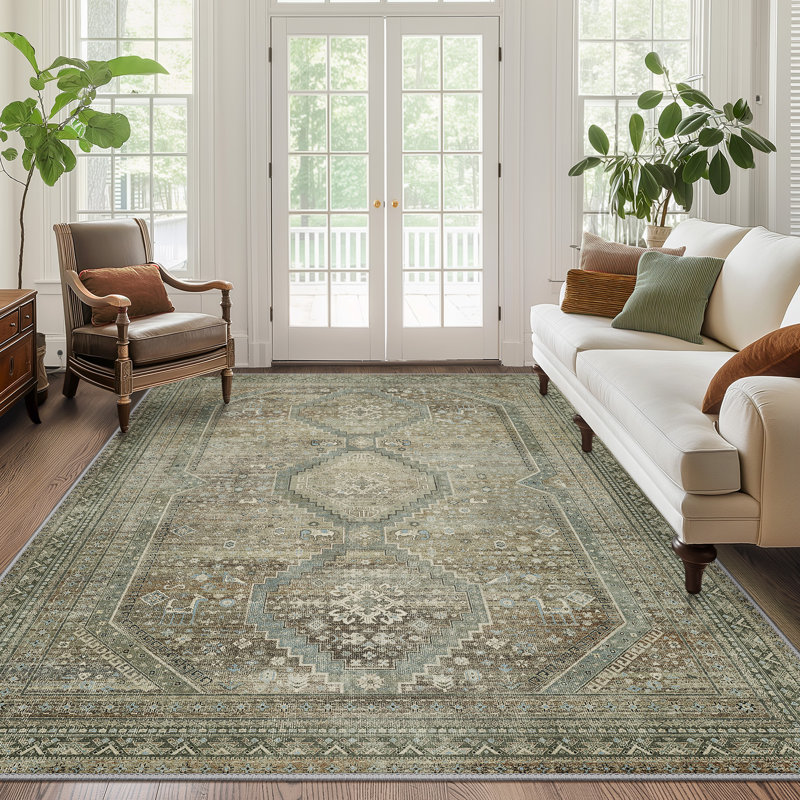Tapis d'intérieur antidérapant rétro vert / beige oriental lavable à la machine, Rectangulaire 8 pi x 10 pi