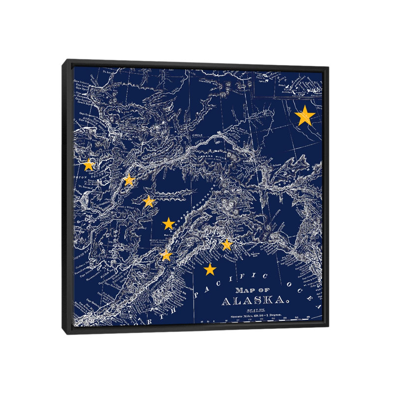Drapeau d’alaska, carte carrée, impression sur toile, H 18 po x l 18 po x P 1,5 po, Toile avec cadre noir, Pas de tapis