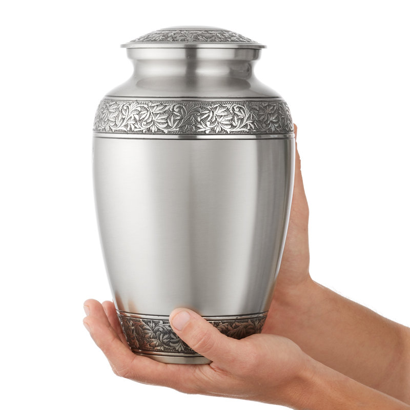 Elegant Silver Brass Memorial Urn with Intricate Detailing