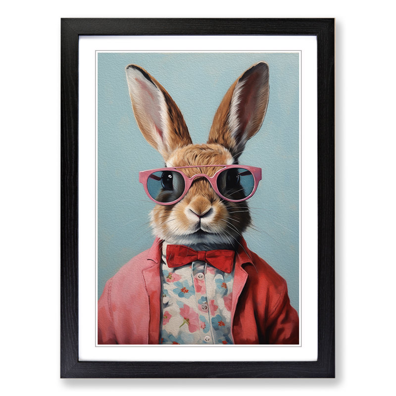 Rabbit With Glasses Painting - Single Picture Frame Print on Wood, Black, 34cm H x 25cm W x 2cm D