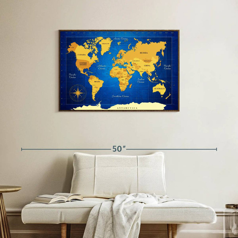 Carte du monde jaune, 37 po x 25 po, Cadre flottant noyer