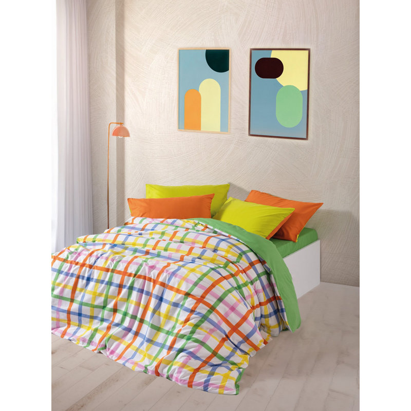 Ensemble de housse de courtepointe 100% coton double Ranforce, vert et blanc, orange et bleu, 79,0 x 86,6 pouces | Comprend un drap-housse (63,0 x 79,0 + 11,8 pouces) et 2 taies d'oreiller (19,7 x 27,6 pouces) | Lavable à la machine, doux et durable, conception élégante