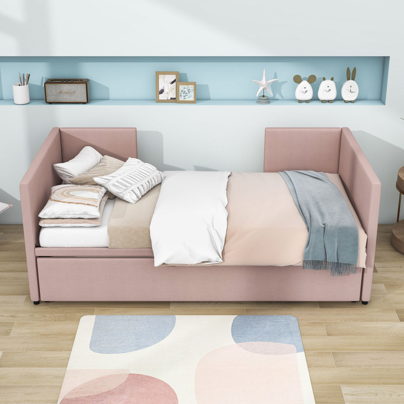Upholstered Velvet Daybed with Trundle Bed, Pink