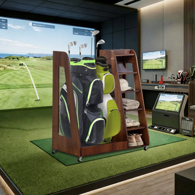 Organisateur de golf 35,5 po en bois avec rangement pour 2 sacs, robuste pour l'intérieur et l'extérieur - brun