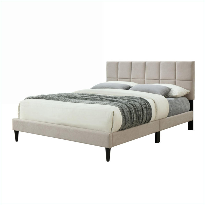 Upholstered King Sized Bed Frame, Squares Design Headboard, Classic Gray With USB Charging, Bed in a Box, Gray, King