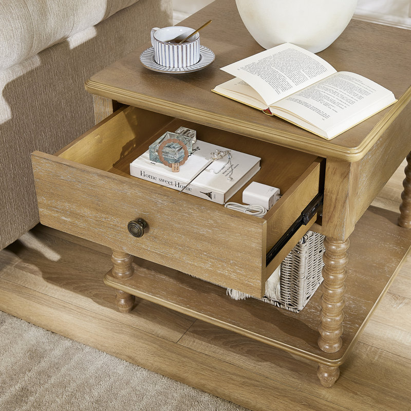24" Solid Wood End Table with Drawer & Shelf, Side Table with Spindle Leg for Living Room & Bedroom, Beige