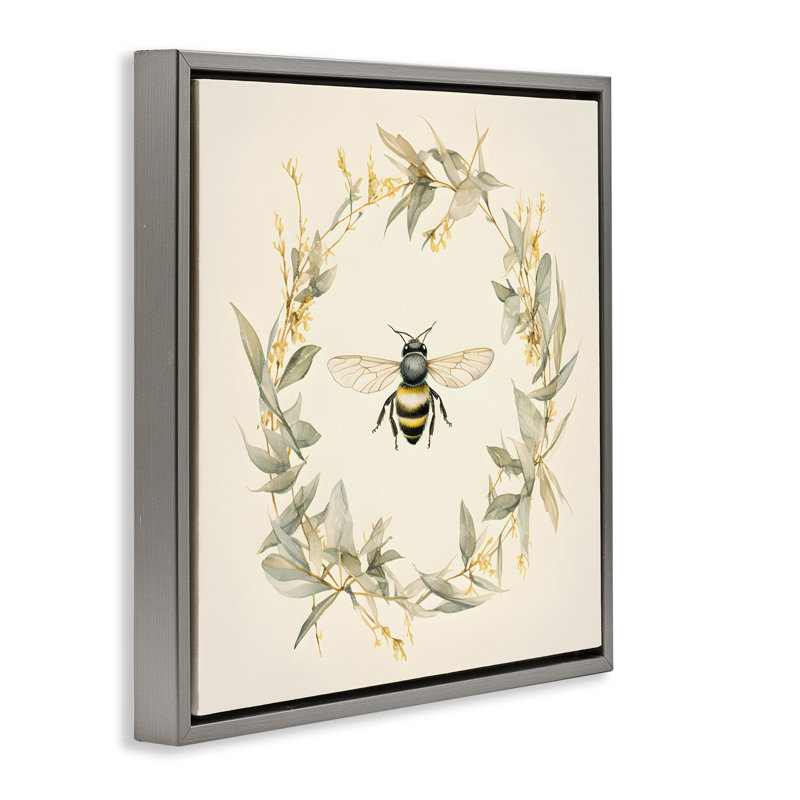 «Soft Bee Wreath», art mural encadré flottant par Petal Prints Design, H 18 po x l 18 po, Cadre flottant gris lustré