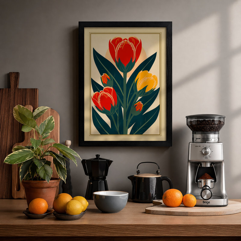 Tulip Triptych Art Deco - Framed Print, Black, A3 - 42.0 x 29.7 cm