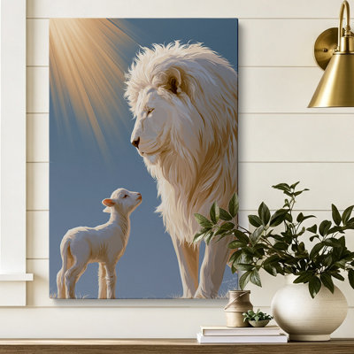 Christian Art Lion and Lamb Canvas Wall Art Wrapped Print 40x28 Inch - Living Room Decor