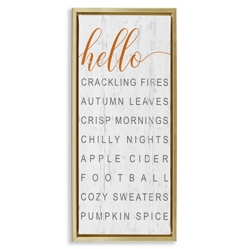 "Hello Fall favorites phrases", art mural encadré par Jessica Mundo, Cadre flottant métallique doré, H 31 po x l 15 po