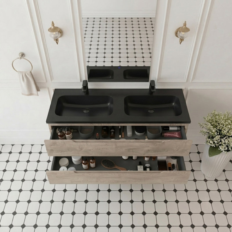  Meuble-lavabo double mural 48 po avec plateau en résine noire et 2 tiroirs modernes pour petite salle de bain, 48D