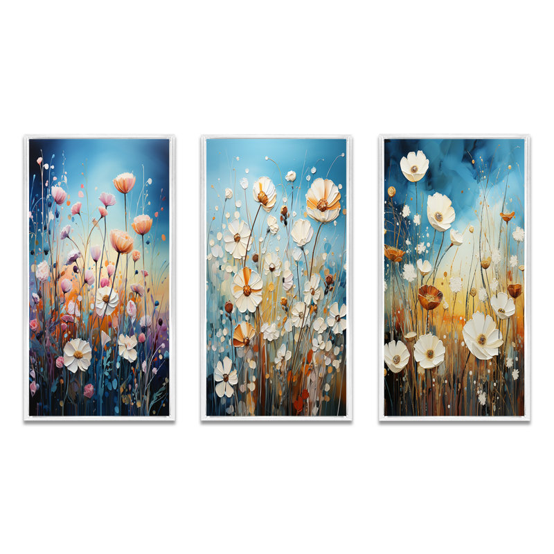 «Meadow Pointillism», 3 pièces sur toile, Cadre blanc, H 40 po x l 60 po