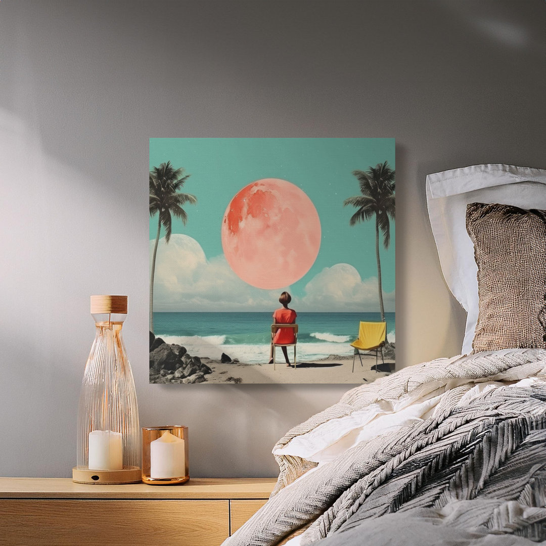 Tropical Beach Canvas Wall Art, Woman Under Moon, Gallery Wrapped, Ready to Hang, Archival Quality, Coastal Decor, Modern Art Print
