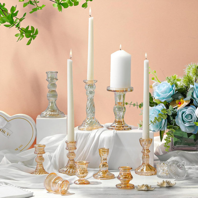10 Pcs Gold Glass Crystal Taper Candle Holders