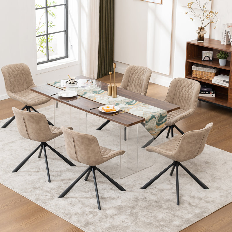 Swivel Tufted Leather Upholstered Side Chairs Modern Dining Chairs with Metal Legs, Beige