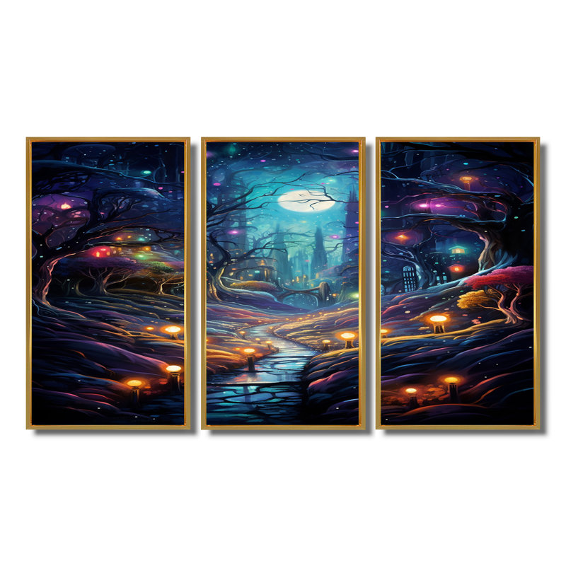 Ensemble de salon Fireflies In Enchanted Full Moon Forest - River Wall Art, H 28 po x l 36 po x P 1 po, Cadre flottant noir